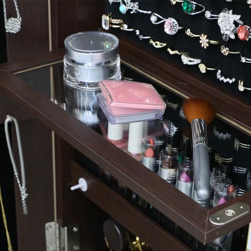 MASMIRE Rotating Jewelry Cabinet with Lockable,Full Length Mirror with Storage Large Capacity Jewelry Organizer Armoire Floor Standing Mirror with Back Storage Shelves for Bedroom Brown