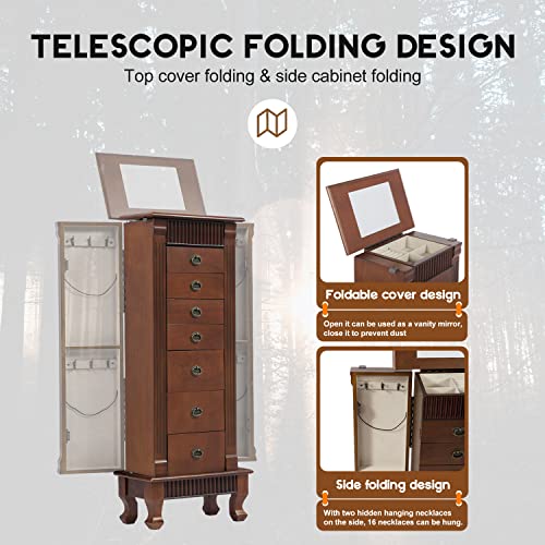 FDW Jewelry Cabinet Jewelry Chest Jewelry Armoire Wood Jewelry Box Storage Stand Organizer with Side Doors 7 Drawers Makeup Mirror