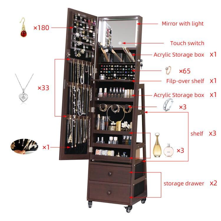 MASMIRE Rotating Jewelry Cabinet with Lockable,Full Length Mirror with Storage Large Capacity Jewelry Organizer Armoire Floor Standing Mirror with Back Storage Shelves for Bedroom Brown
