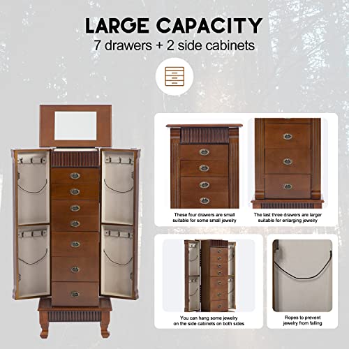 FDW Jewelry Cabinet Jewelry Chest Jewelry Armoire Wood Jewelry Box Storage Stand Organizer with Side Doors 7 Drawers Makeup Mirror