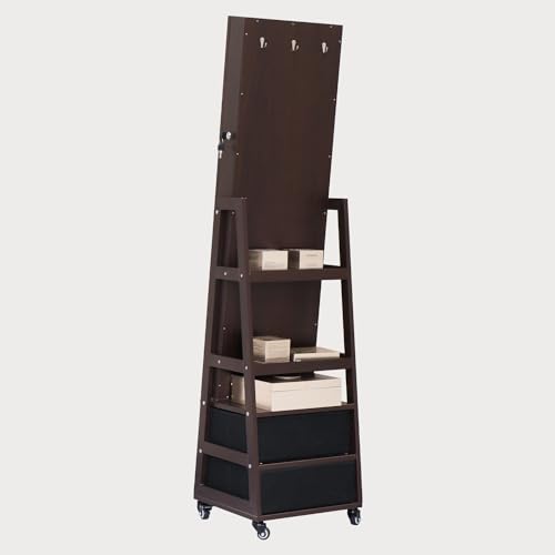 MASMIRE Rotating Jewelry Cabinet with Lockable,Full Length Mirror with Storage Large Capacity Jewelry Organizer Armoire Floor Standing Mirror with Back Storage Shelves for Bedroom Brown