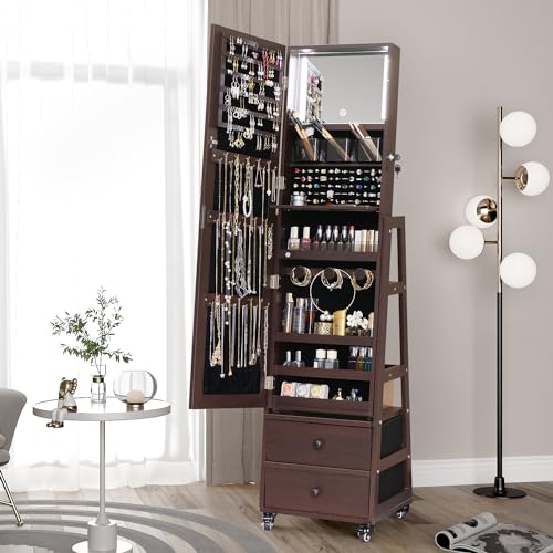 MASMIRE Rotating Jewelry Cabinet with Lockable,Full Length Mirror with Storage Large Capacity Jewelry Organizer Armoire Floor Standing Mirror with Back Storage Shelves for Bedroom Brown