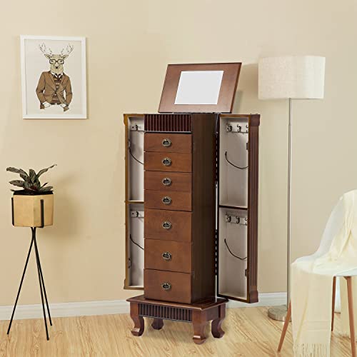 FDW Jewelry Cabinet Jewelry Chest Jewelry Armoire Wood Jewelry Box Storage Stand Organizer with Side Doors 7 Drawers Makeup Mirror