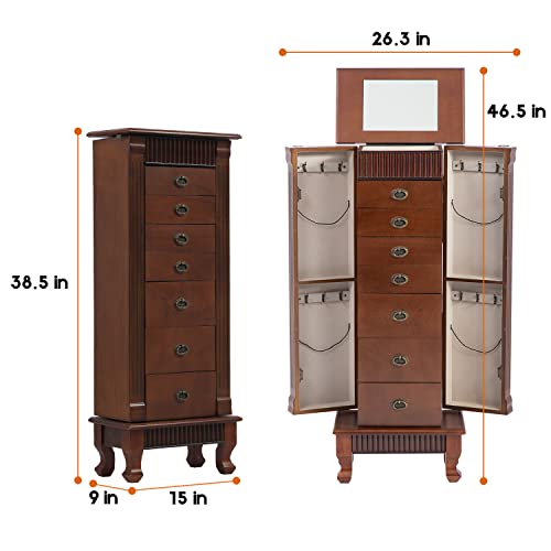 FDW Jewelry Cabinet Jewelry Chest Jewelry Armoire Wood Jewelry Box Storage Stand Organizer with Side Doors 7 Drawers Makeup Mirror