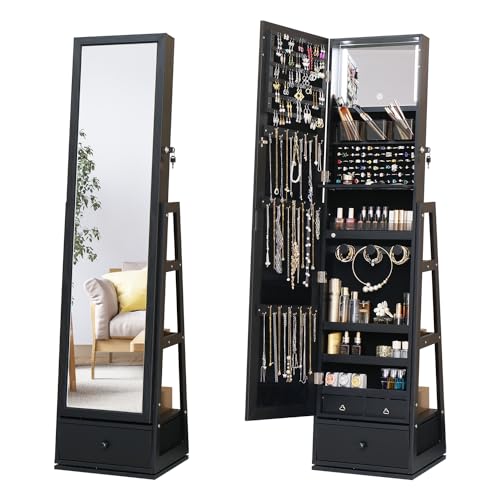 MASMIRE Full Length Mirror Jewelry Cabinet Standing With Built-In Mirror - 63.7”H Jewelry Armoire With Mirror & 3 Drawers, Lockable Storage Mirror With 3 Storage Racks (Black)