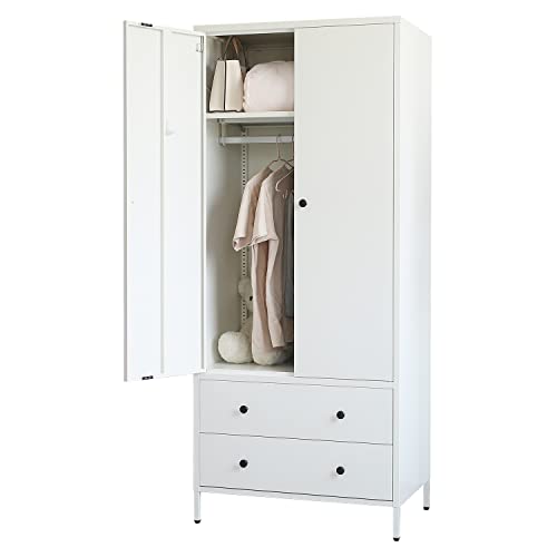 BESFUR Wardrobe Closet, Metal Armoires and Wardrobes with Two Drawers, Adjustable Hanging Rod, 20" D*31.5" W*74" H - White