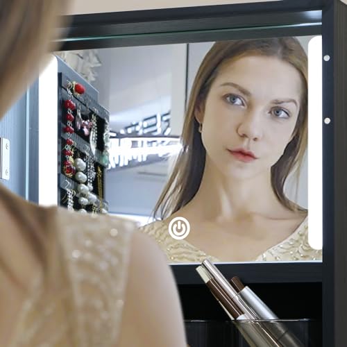 MASMIRE Full Length Mirror Jewelry Cabinet Standing With Built-In Mirror - 63.7”H Jewelry Armoire With Mirror & 3 Drawers, Lockable Storage Mirror With 3 Storage Racks (Black)