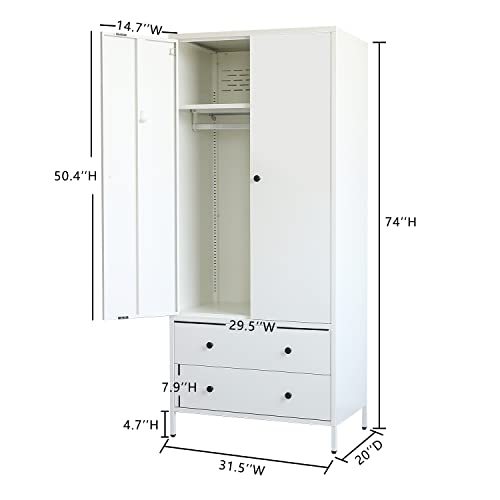BESFUR Wardrobe Closet, Metal Armoires and Wardrobes with Two Drawers, Adjustable Hanging Rod, 20" D*31.5" W*74" H - White
