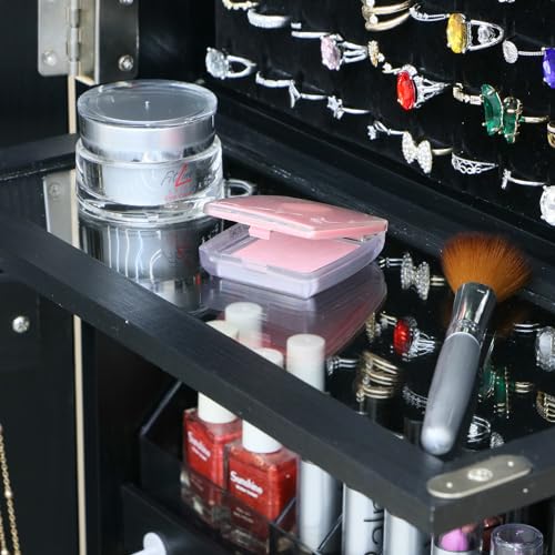 MASMIRE Full Length Mirror Jewelry Cabinet Standing With Built-In Mirror - 63.7”H Jewelry Armoire With Mirror & 3 Drawers, Lockable Storage Mirror With 3 Storage Racks (Black)