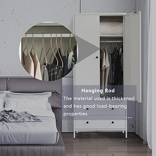 BESFUR Wardrobe Closet, Metal Armoires and Wardrobes with Two Drawers, Adjustable Hanging Rod, 20" D*31.5" W*74" H - White