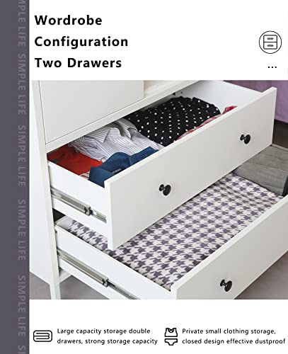 BESFUR Wardrobe Closet, Metal Armoires and Wardrobes with Two Drawers, Adjustable Hanging Rod, 20" D*31.5" W*74" H - White