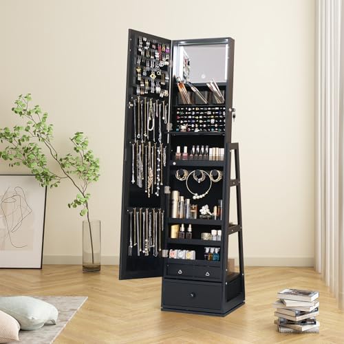 MASMIRE Full Length Mirror Jewelry Cabinet Standing With Built-In Mirror - 63.7”H Jewelry Armoire With Mirror & 3 Drawers, Lockable Storage Mirror With 3 Storage Racks (Black)