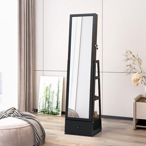 MASMIRE Full Length Mirror Jewelry Cabinet Standing With Built-In Mirror - 63.7”H Jewelry Armoire With Mirror & 3 Drawers, Lockable Storage Mirror With 3 Storage Racks (Black)
