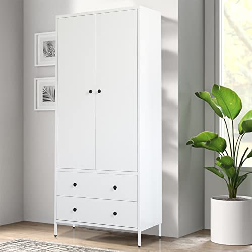 BESFUR Wardrobe Closet, Metal Armoires and Wardrobes with Two Drawers, Adjustable Hanging Rod, 20" D*31.5" W*74" H - White