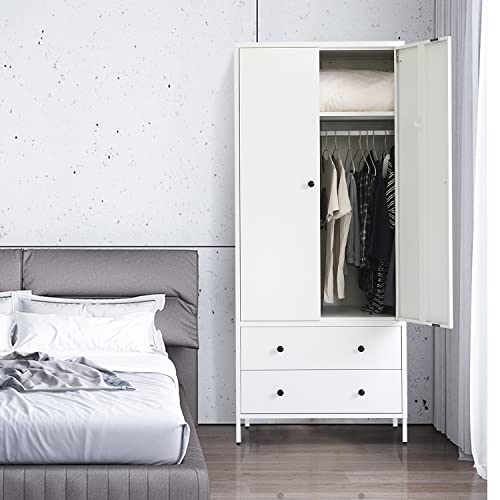 BESFUR Wardrobe Closet, Metal Armoires and Wardrobes with Two Drawers, Adjustable Hanging Rod, 20" D*31.5" W*74" H - White