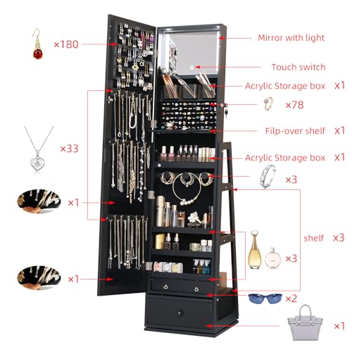 MASMIRE Full Length Mirror Jewelry Cabinet Standing With Built-In Mirror - 63.7”H Jewelry Armoire With Mirror & 3 Drawers, Lockable Storage Mirror With 3 Storage Racks (Black)