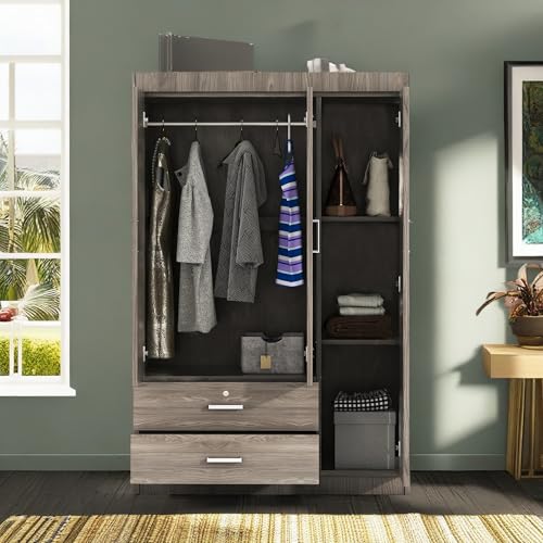 RITSU 3-Door Wardrobe with 2 Drawers, 3 Shelves and Hanging Rail, Large Freestanding Armoire Wardrobe Closet, Storage Space Maximization for Bedroom, Gray