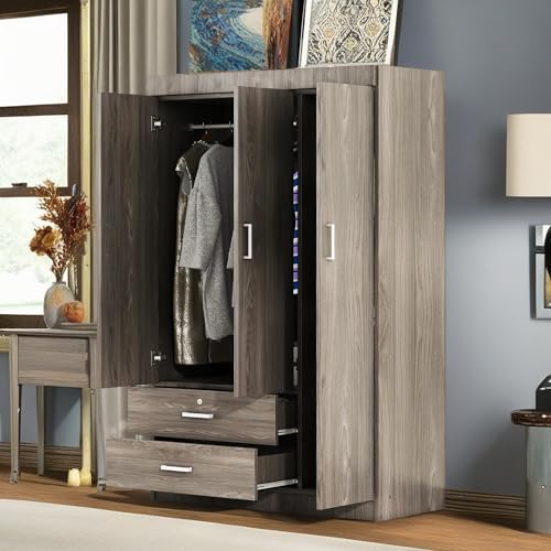 RITSU 3-Door Wardrobe with 2 Drawers, 3 Shelves and Hanging Rail, Large Freestanding Armoire Wardrobe Closet, Storage Space Maximization for Bedroom, Gray