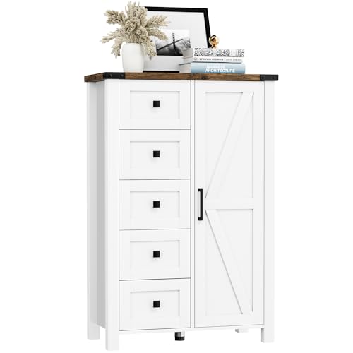 VVFLU Farmhouse Dresser Storage Cabinet Chest of Drawer for Bedroom, 5 Drawer Dresser with Barn Door, 48 Inch Tall White Wood Dresser, Adjustable Shelves, Rustic, for Living Room, Entryway, Hallway