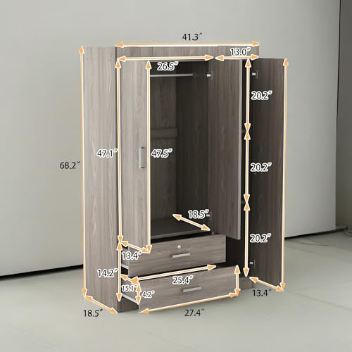 RITSU 3-Door Wardrobe with 2 Drawers, 3 Shelves and Hanging Rail, Large Freestanding Armoire Wardrobe Closet, Storage Space Maximization for Bedroom, Gray