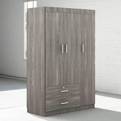 RITSU 3-Door Wardrobe with 2 Drawers, 3 Shelves and Hanging Rail, Large Freestanding Armoire Wardrobe Closet, Storage Space Maximization for Bedroom, Gray