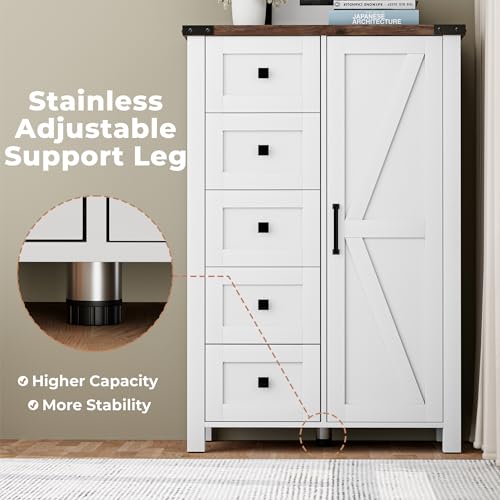 VVFLU Farmhouse Dresser Storage Cabinet Chest of Drawer for Bedroom, 5 Drawer Dresser with Barn Door, 48 Inch Tall White Wood Dresser, Adjustable Shelves, Rustic, for Living Room, Entryway, Hallway