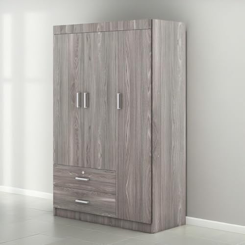 RITSU 3-Door Wardrobe with 2 Drawers, 3 Shelves and Hanging Rail, Large Freestanding Armoire Wardrobe Closet, Storage Space Maximization for Bedroom, Gray