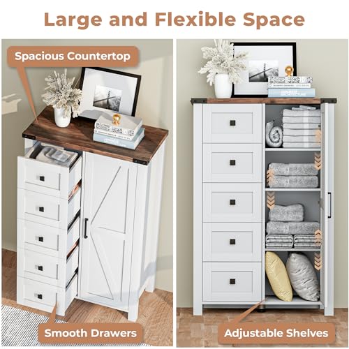VVFLU Farmhouse Dresser Storage Cabinet Chest of Drawer for Bedroom, 5 Drawer Dresser with Barn Door, 48 Inch Tall White Wood Dresser, Adjustable Shelves, Rustic, for Living Room, Entryway, Hallway