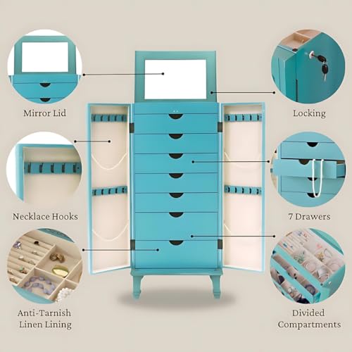 Hives and Honey Cabby Fully Locking Jewelry Armoire, 40" x 19" x 13.75", TURQUOISE