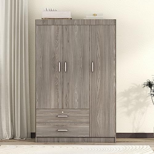 RITSU 3-Door Wardrobe with 2 Drawers, 3 Shelves and Hanging Rail, Large Freestanding Armoire Wardrobe Closet, Storage Space Maximization for Bedroom, Gray