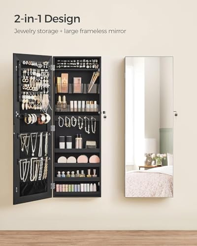 SONGMICS Mirror Jewelry Cabinet Armoire, Wall or Door Mounted Jewelry Storage, Hanging Lockable Frameless with 2 Plastic Cosmetic Organizers, Gift Idea, Black UJJC001B01