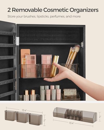 SONGMICS Mirror Jewelry Cabinet Armoire, Wall or Door Mounted Jewelry Storage, Hanging Lockable Frameless with 2 Plastic Cosmetic Organizers, Gift Idea, Black UJJC001B01