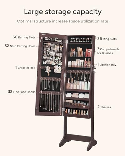 SONGMICS Jewelry Cabinet Armoire, Freestanding Lockable Storage Organizer Unit with 2 Plastic Cosmetic Storage, Full-Length Frameless Mirror, for Necklace Earring, Brown UJJC002K01