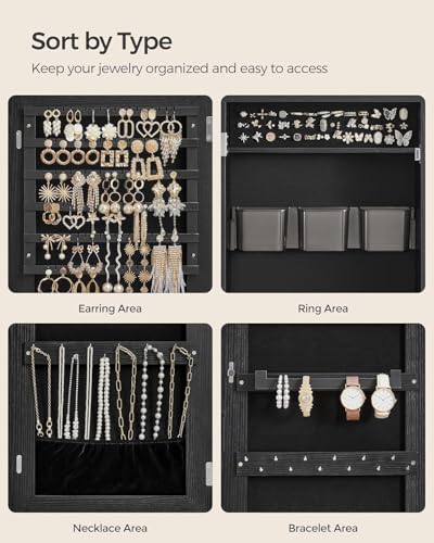 SONGMICS Mirror Jewelry Cabinet Armoire, Wall or Door Mounted Jewelry Storage, Hanging Lockable Frameless with 2 Plastic Cosmetic Organizers, Gift Idea, Black UJJC001B01