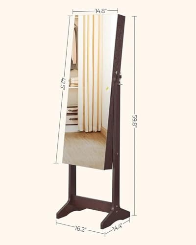 SONGMICS Jewelry Cabinet Armoire, Freestanding Lockable Storage Organizer Unit with 2 Plastic Cosmetic Storage, Full-Length Frameless Mirror, for Necklace Earring, Brown UJJC002K01