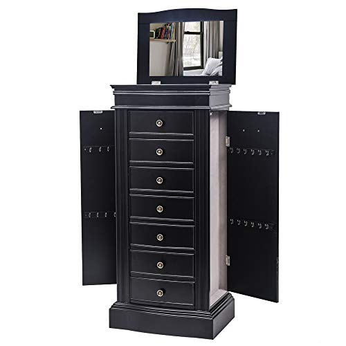 EEBUIHUI Standing Jewelry Armoire Cabinet Storage Chest with 7 Drawers, 2 Swing Doors, 24 Necklace Hooks, Makeup Mirror Storage Organizer, Large Standing Jewelry Armoire (Black)