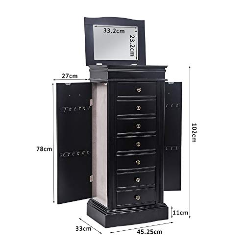 EEBUIHUI Standing Jewelry Armoire Cabinet Storage Chest with 7 Drawers, 2 Swing Doors, 24 Necklace Hooks, Makeup Mirror Storage Organizer, Large Standing Jewelry Armoire (Black)
