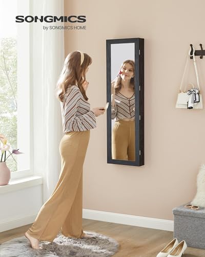 SONGMICS 6 LEDs Mirror Jewelry Cabinet, 47.2-Inch Tall Lockable Wall or Door Mounted Jewelry Armoire Organizer with Mirror, 2 Drawers, 3.9 x 14.6 x 47.2 Inches, Black UJJC093B01