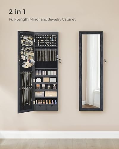 SONGMICS 6 LEDs Mirror Jewelry Cabinet, 47.2-Inch Tall Lockable Wall or Door Mounted Jewelry Armoire Organizer with Mirror, 2 Drawers, 3.9 x 14.6 x 47.2 Inches, Black UJJC093B01