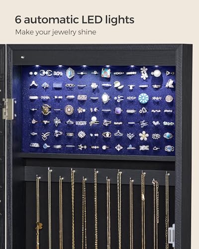 SONGMICS 6 LEDs Mirror Jewelry Cabinet, 47.2-Inch Tall Lockable Wall or Door Mounted Jewelry Armoire Organizer with Mirror, 2 Drawers, 3.9 x 14.6 x 47.2 Inches, Black UJJC093B01