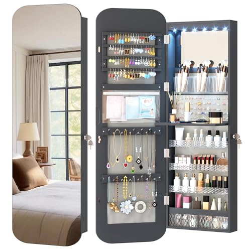 Vlsrka 47.2" LED Mirror Jewelry Cabinet Wall Mounted or Door Hanging, Rounded Corner Jewelry Armoire Organizer, Lockable Full Length Mirror with Storage, Interior Mirror & Makeup Shelf (Grey)