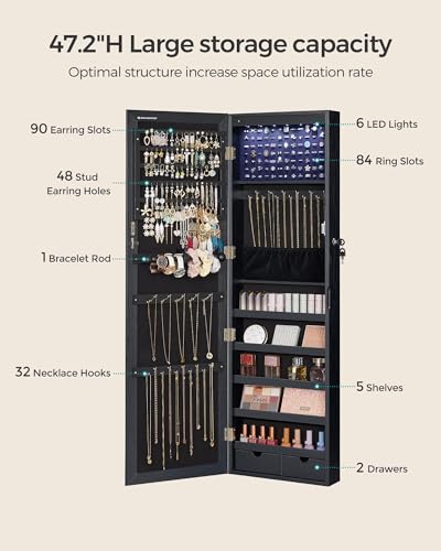 SONGMICS 6 LEDs Mirror Jewelry Cabinet, 47.2-Inch Tall Lockable Wall or Door Mounted Jewelry Armoire Organizer with Mirror, 2 Drawers, 3.9 x 14.6 x 47.2 Inches, Black UJJC093B01