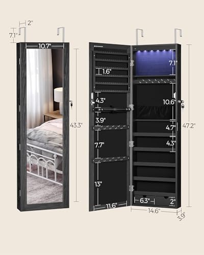 SONGMICS 6 LEDs Mirror Jewelry Cabinet, 47.2-Inch Tall Lockable Wall or Door Mounted Jewelry Armoire Organizer with Mirror, 2 Drawers, 3.9 x 14.6 x 47.2 Inches, Black UJJC093B01