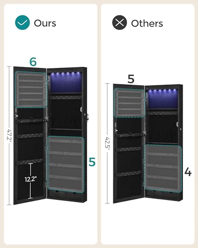 SONGMICS 6 LEDs Mirror Jewelry Cabinet, 47.2-Inch Tall Lockable Wall or Door Mounted Jewelry Armoire Organizer with Mirror, 2 Drawers, 3.9 x 14.6 x 47.2 Inches, Black UJJC093B01