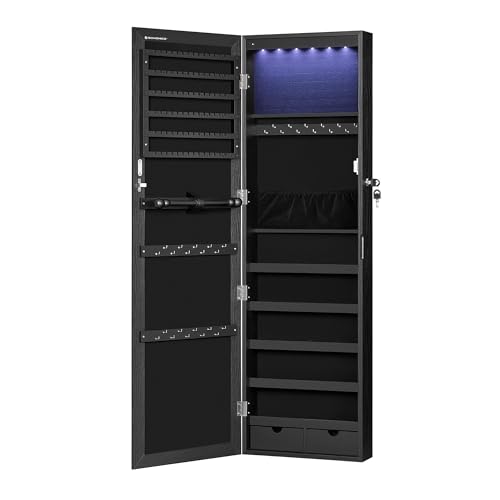 SONGMICS 6 LEDs Mirror Jewelry Cabinet, 47.2-Inch Tall Lockable Wall or Door Mounted Jewelry Armoire Organizer with Mirror, 2 Drawers, 3.9 x 14.6 x 47.2 Inches, Black UJJC093B01