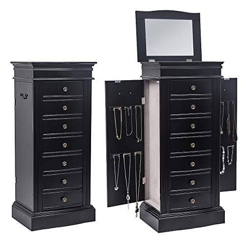 EEBUIHUI Standing Jewelry Armoire Cabinet Storage Chest with 7 Drawers, 2 Swing Doors, 24 Necklace Hooks, Makeup Mirror Storage Organizer, Large Standing Jewelry Armoire (Black)