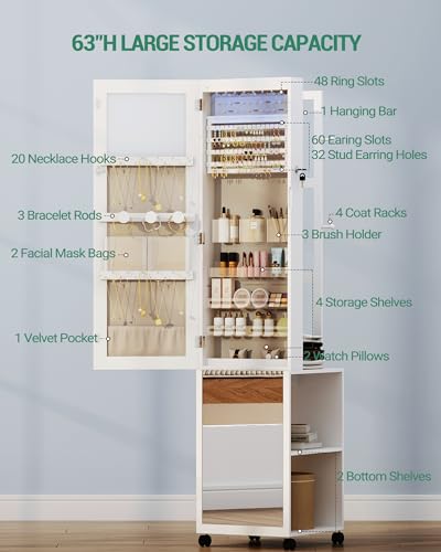 Hzuaneri 8 LEDs Jewelry Cabinet Armoire, 64.8-inch Jewelry Organizer with Garment Rack, Lockable Full-length Mirror with 4 Wheels, Storage Shelves with Hooks, 5-in-1, White and Beige JC17003BE