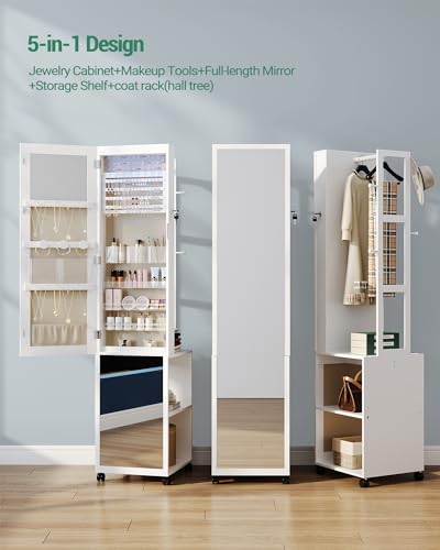 Hzuaneri 8 LEDs Jewelry Cabinet Armoire, 64.8-inch Jewelry Organizer with Garment Rack, Lockable Full-length Mirror with 4 Wheels, Storage Shelves with Hooks, 5-in-1, White and Beige JC17003BE
