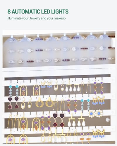 Hzuaneri 8 LEDs Jewelry Cabinet Armoire, 64.8-inch Jewelry Organizer with Garment Rack, Lockable Full-length Mirror with 4 Wheels, Storage Shelves with Hooks, 5-in-1, White and Beige JC17003BE