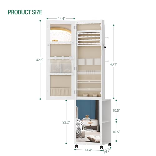 Hzuaneri 8 LEDs Jewelry Cabinet Armoire, 64.8-inch Jewelry Organizer with Garment Rack, Lockable Full-length Mirror with 4 Wheels, Storage Shelves with Hooks, 5-in-1, White and Beige JC17003BE